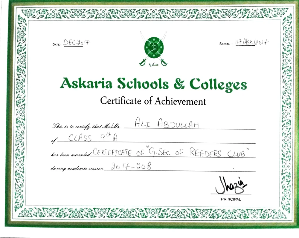 Askaria Readers Club certificate